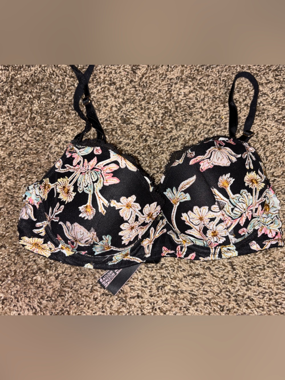 VS Black Bra with Pastel Floral Accents